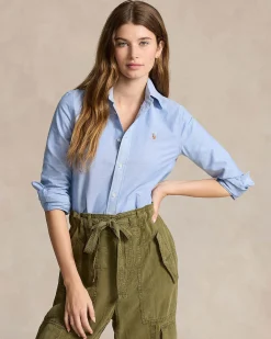 Camicia azzurra Polo Ralph Lauren in cotone Oxford con logo ricamato sul petto a contrasto