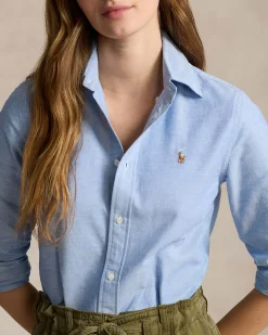 Camicia azzurra Polo Ralph Lauren in cotone Oxford con logo ricamato sul petto a contrasto