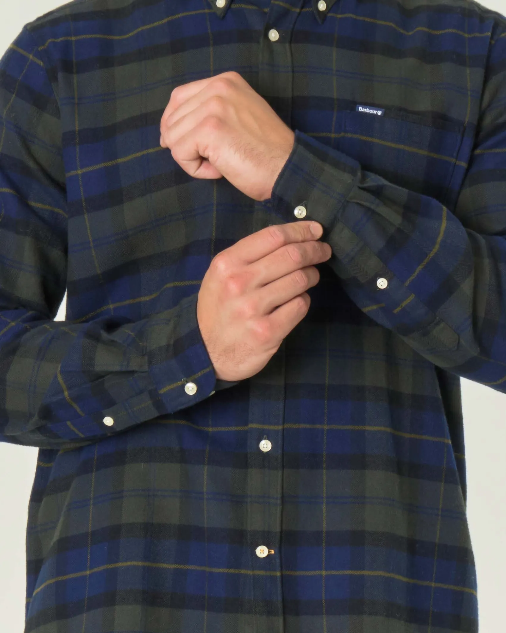 Camicia Barbour blu e verde fantasia check in flanella di puro cotone con collo button down e taschino