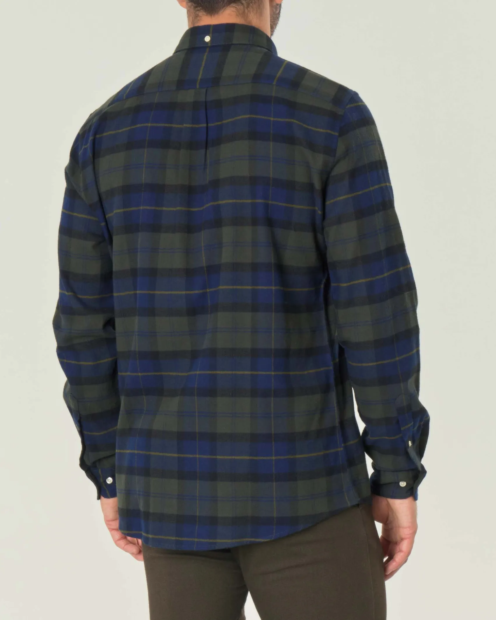 Camicia Barbour blu e verde fantasia check in flanella di puro cotone con collo button down e taschino