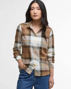 Camicia Barbour Bredon in cotone a fantasia tartan color noce bianco e rosso