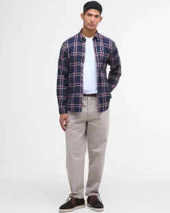 Camicia Barbour check bordeaux e blu in flanella di puro cotone con collo button down e taschino