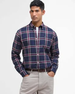 Camicia Barbour check bordeaux e blu in flanella di puro cotone con collo button down e taschino