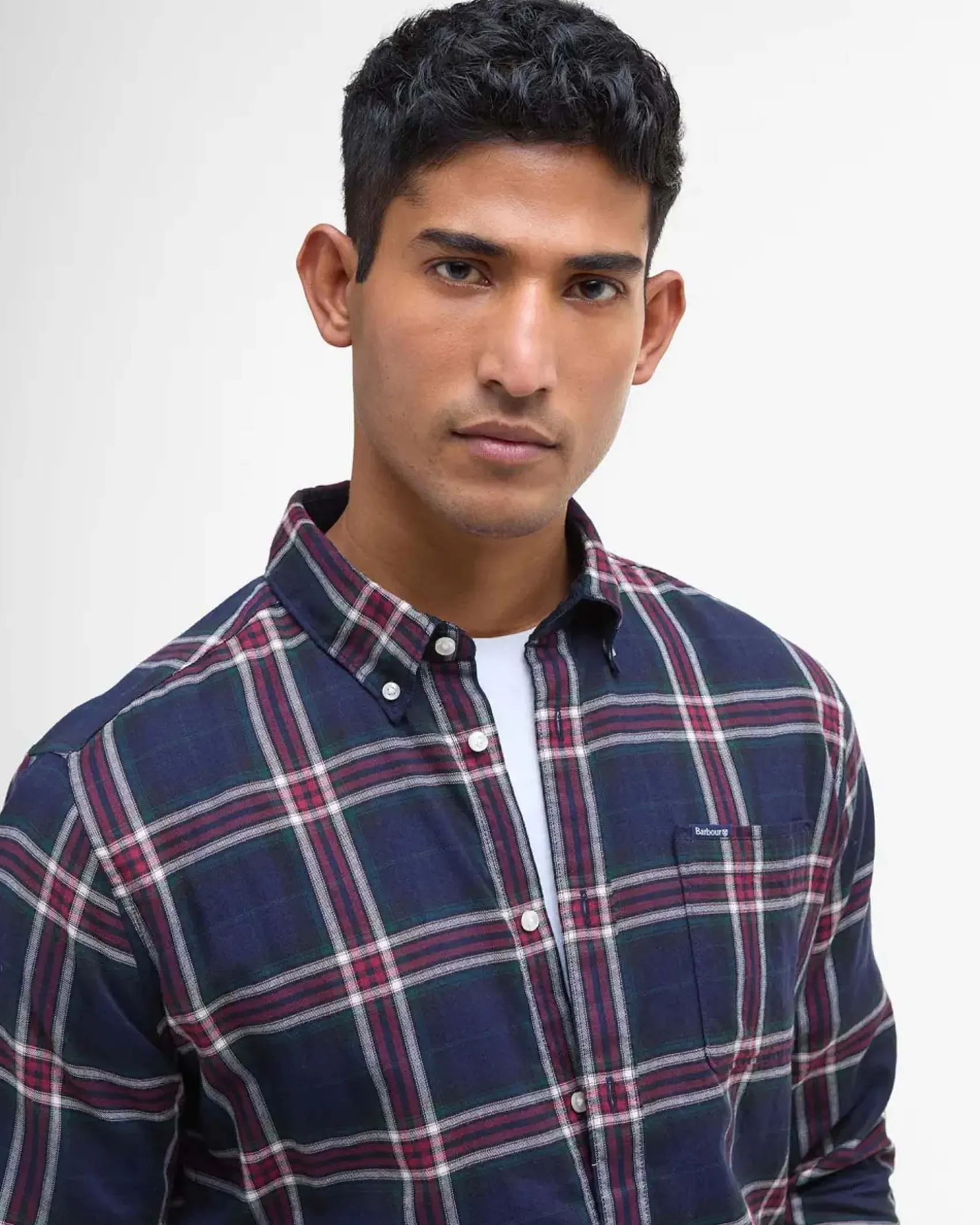 Camicia Barbour check bordeaux e blu in flanella di puro cotone con collo button down e taschino