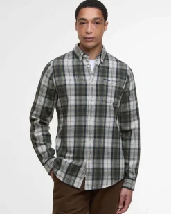 Camicia Barbour check grigia e militare in flanella di puro cotone con collo button down e taschino