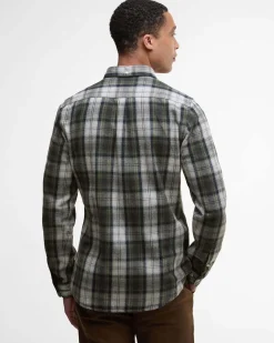 Camicia Barbour check grigia e militare in flanella di puro cotone con collo button down e taschino