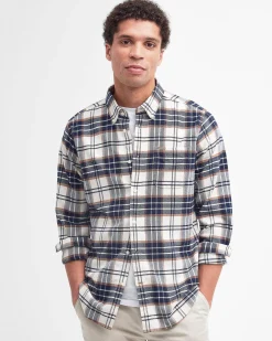 Camicia Barbour Portdown in fantasia check bianca e blu con colletto button down