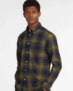 Camicia Barbour tartan check verde militare e blu in flanella di puro cotone con collo button down