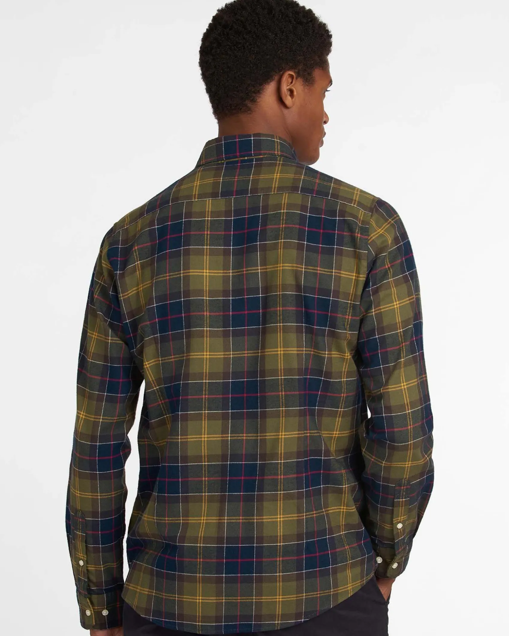 Camicia Barbour tartan check verde militare e blu in flanella di puro cotone con collo button down