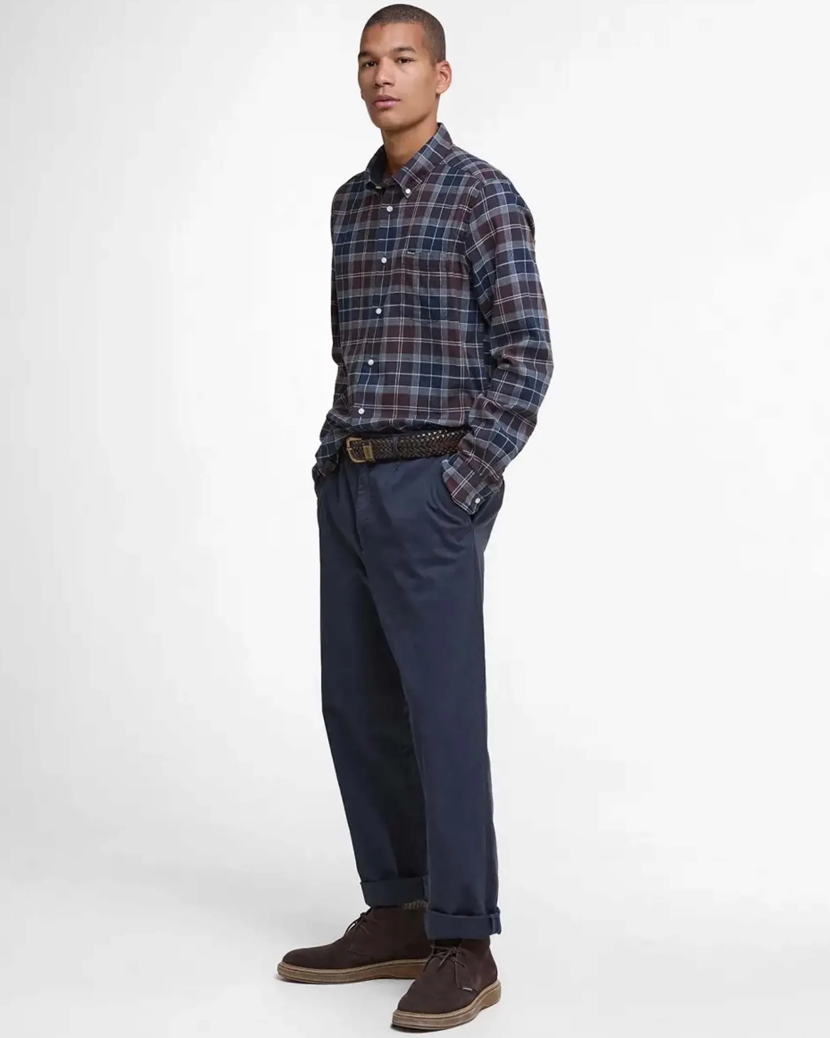 Camicia Barbour tartan check marrone e blu in flanella di puro cotone con collo button down