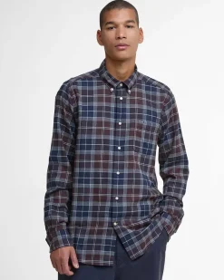 Camicia Barbour tartan check marrone e blu in flanella di puro cotone con collo button down