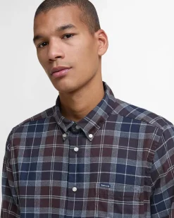 Camicia Barbour tartan check marrone e blu in flanella di puro cotone con collo button down