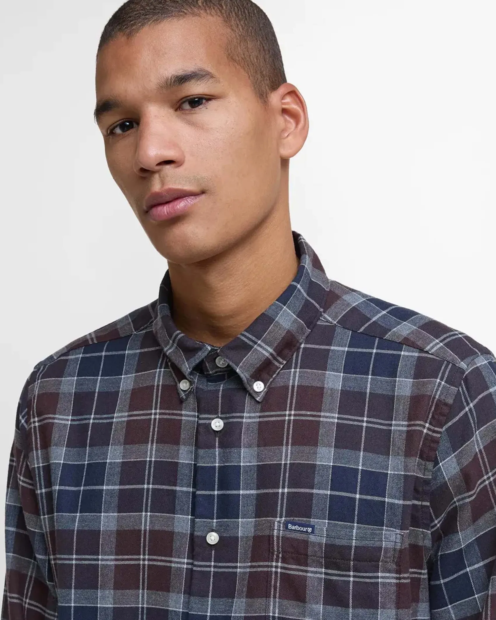 Camicia Barbour tartan check marrone e blu in flanella di puro cotone con collo button down
