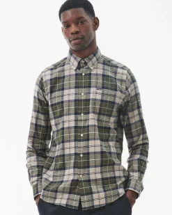 Camicia Barbour tartan check verde militare e beige in flanella di puro cotone con collo button down