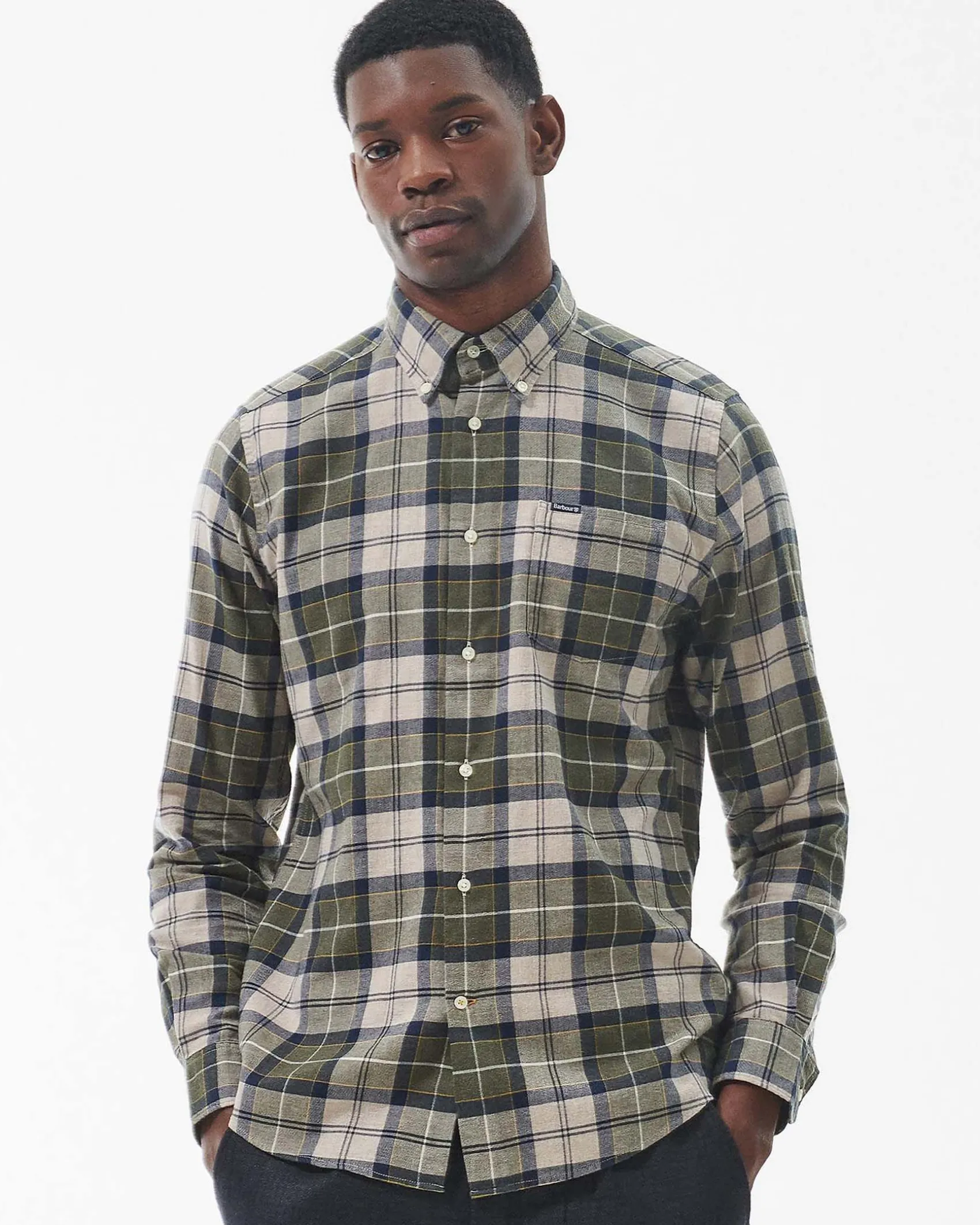 Camicia Barbour tartan check verde militare e beige in flanella di puro cotone con collo button down