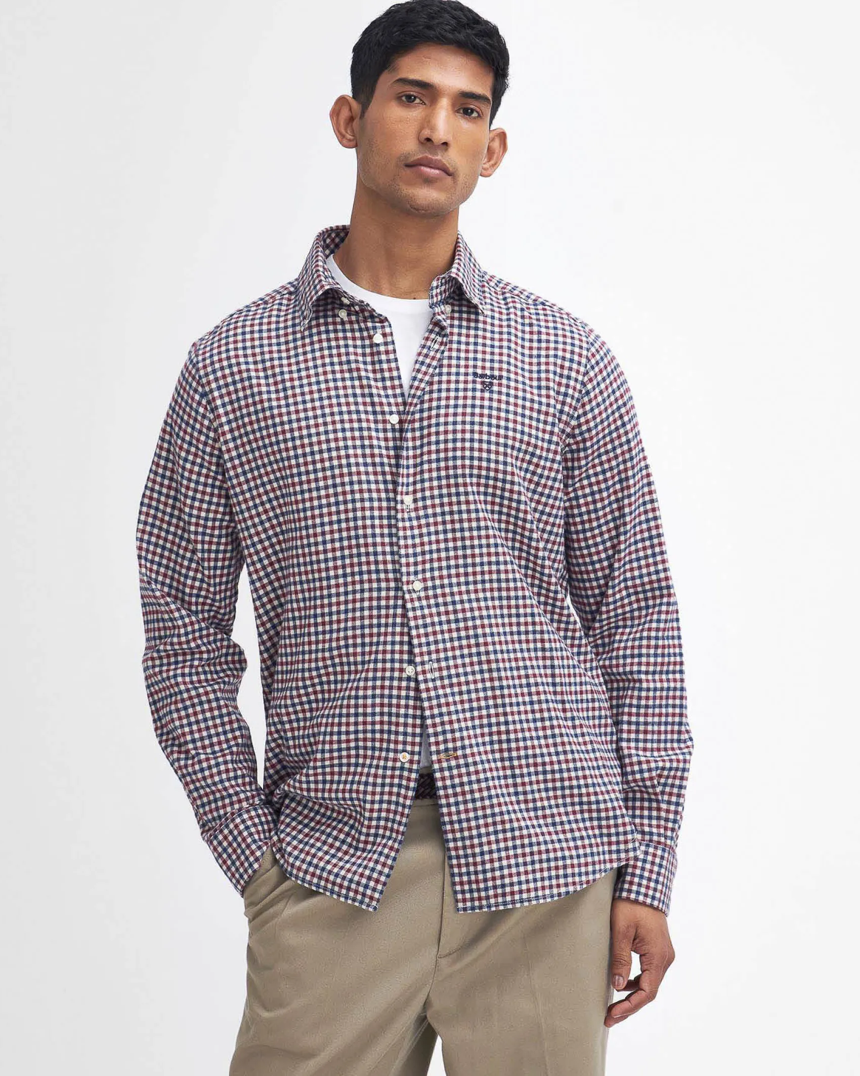 Camicia Barbour vichy bordeaux bianca e blu in flanella di puro cotone con collo button down