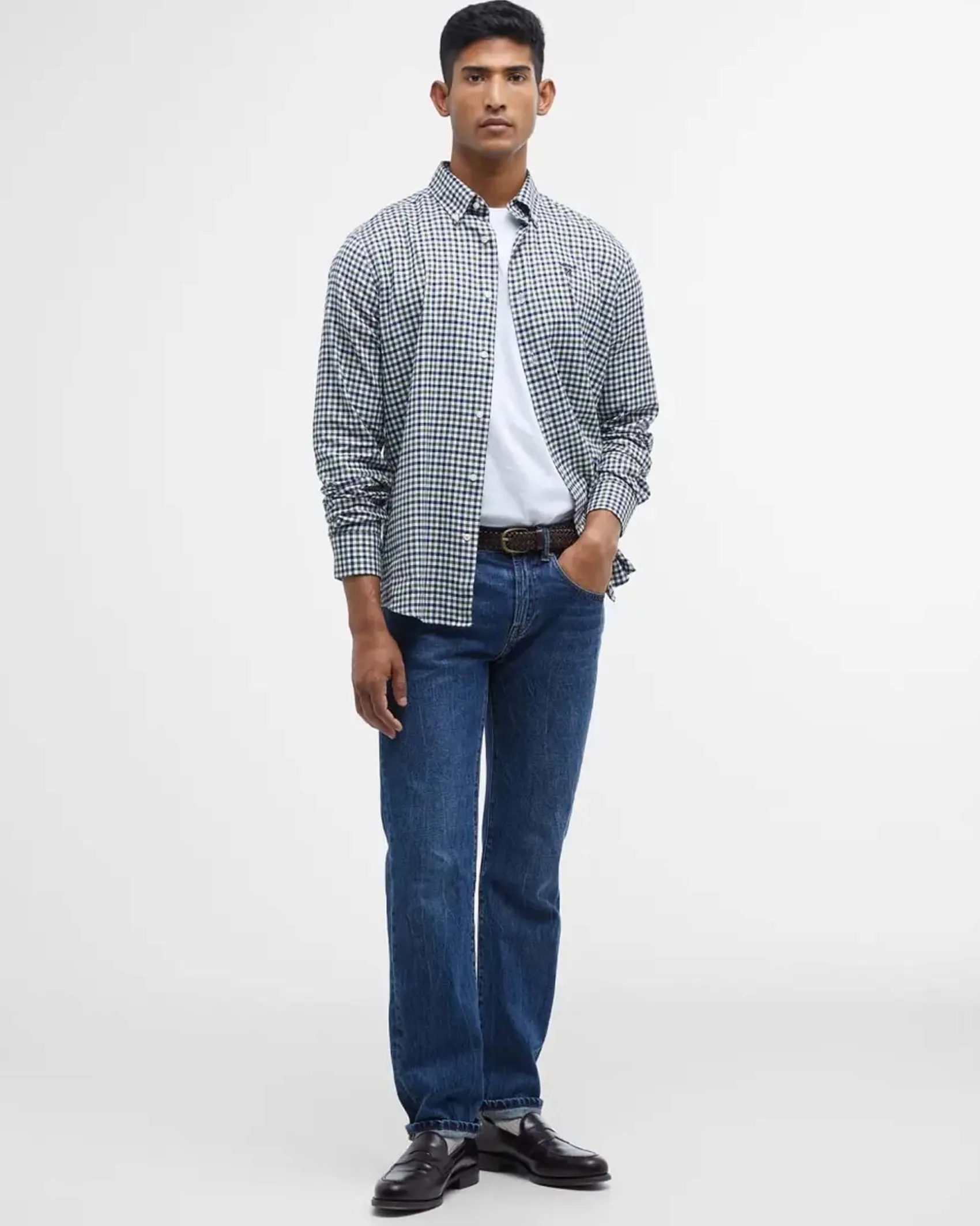 Camicia Barbour vichy militare bianca e blu in flanella di puro cotone con collo button down