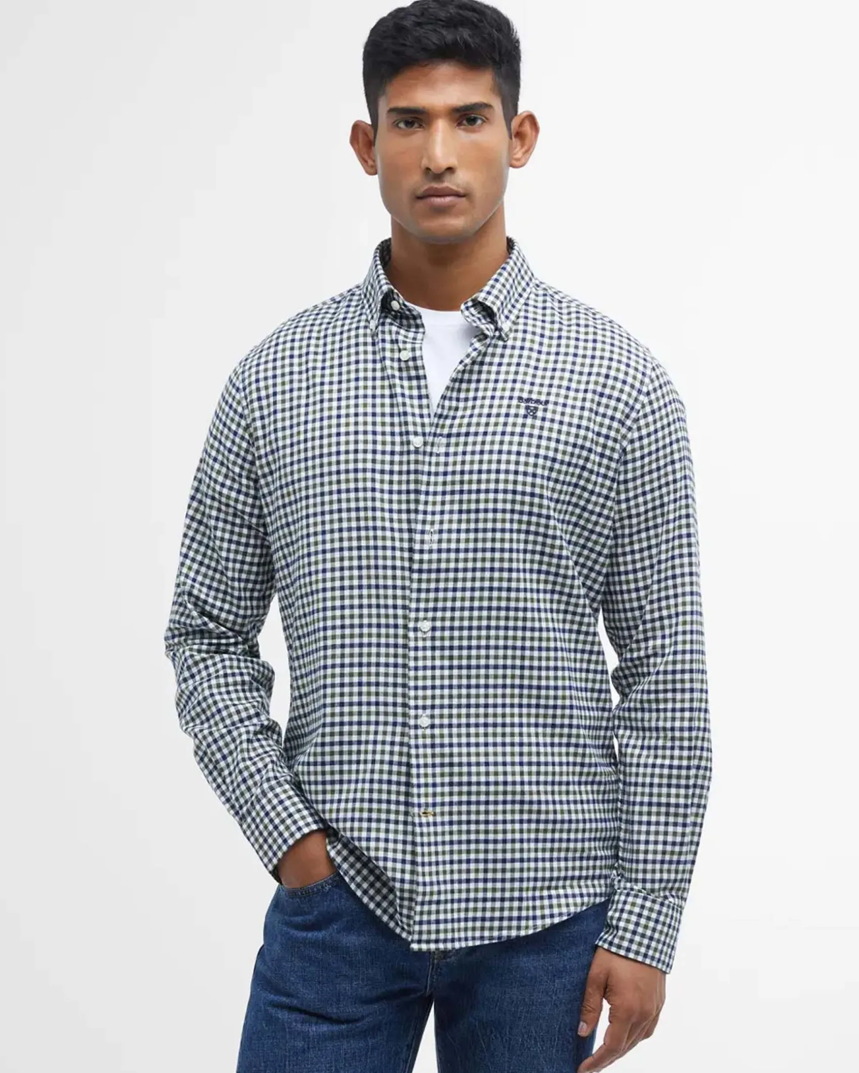 Camicia Barbour vichy militare bianca e blu in flanella di puro cotone con collo button down
