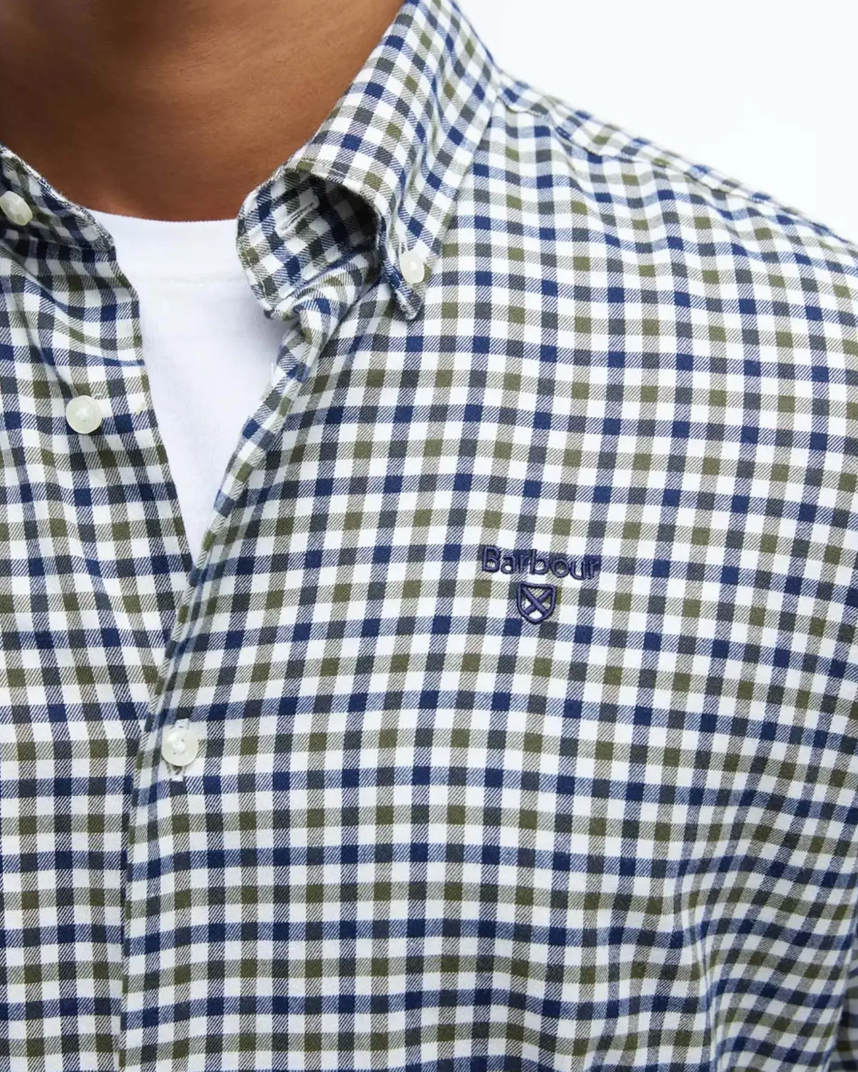 Camicia Barbour vichy militare bianca e blu in flanella di puro cotone con collo button down