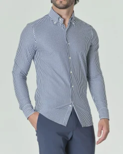 Camicia bastoncino Pellizzari bianca e blu in tessuto tecnico hyper comfort con collo button down