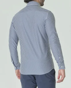 Camicia bastoncino Pellizzari bianca e blu in tessuto tecnico hyper comfort con collo button down