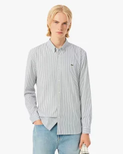 Camicia bianca a righe verdi Lacoste in cotone pinpoint con collo button down