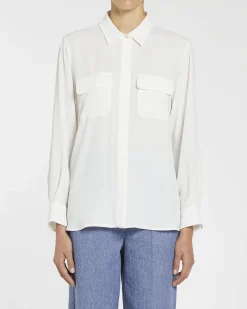 Camicia bianca in crêpe de Chine di misto seta con doppio taschino sul petto