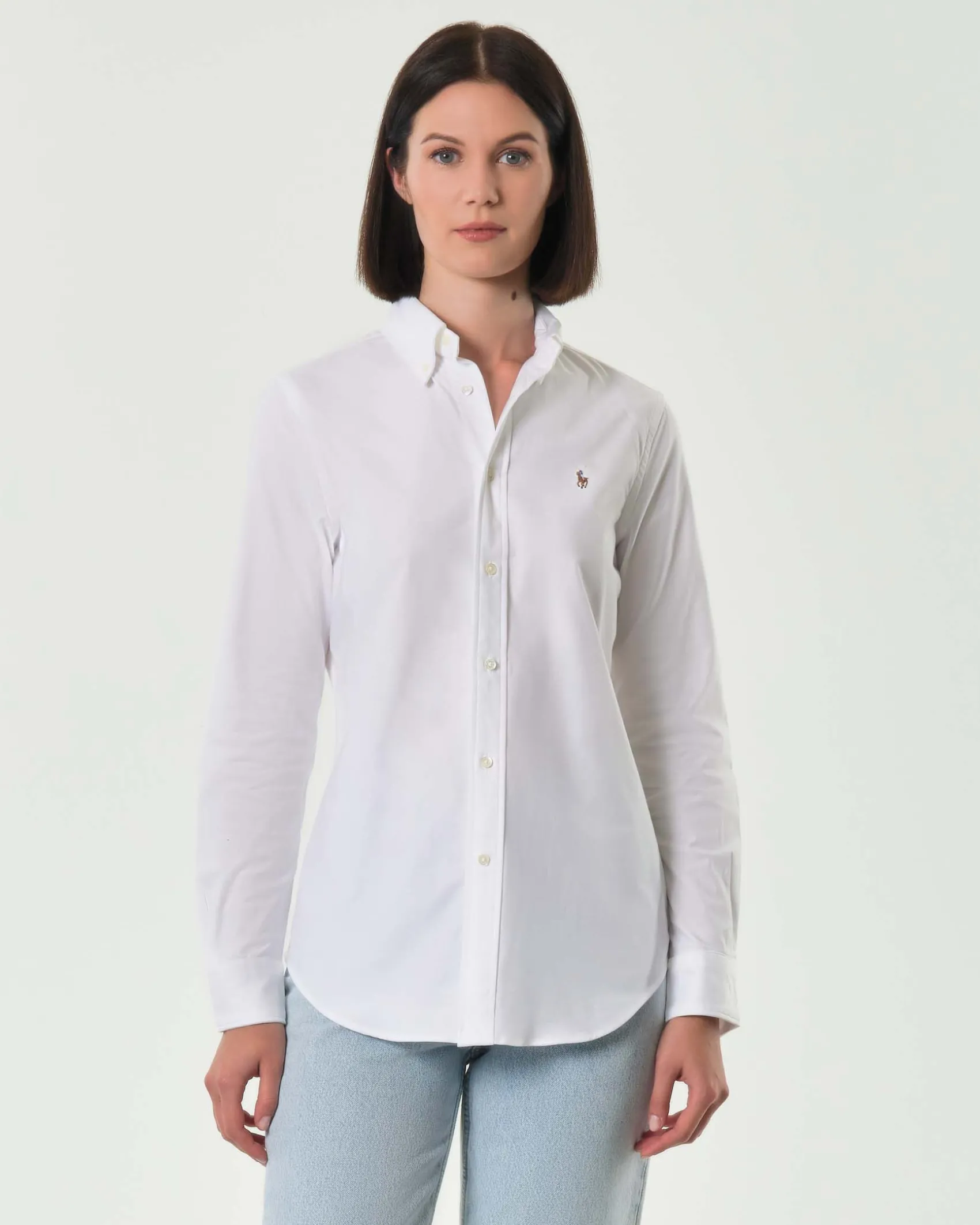 Camicia bianca over botton down Polo Ralph Lauren in cotone stretch con logo ricamato sul petto a contrasto