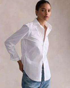 Camicia bianca Polo Ralph Lauren in popeline di cotone con logo blu ricamato sul petto