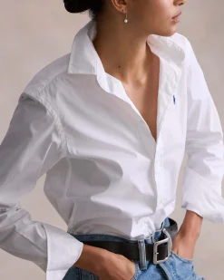 Camicia bianca Polo Ralph Lauren in popeline di cotone con logo blu ricamato sul petto