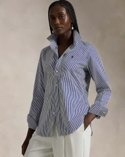 Camicia blu a righe bianche Polo Ralph Lauren in popeline di cotone con logo blu ricamato sul petto