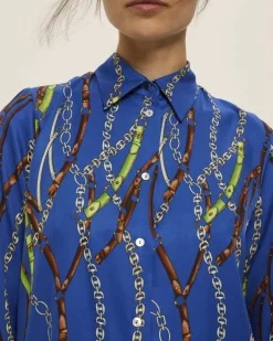 Camicia blu China Emme Marella in raso di viscosa a stampa briglie verdi e bordeaux