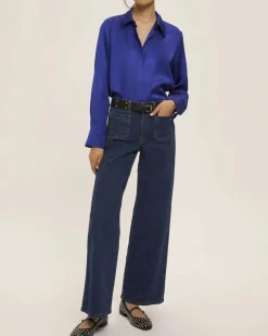 Camicia blu China Emme Marella in raso di viscosa con colletto classico e bottone gioiello