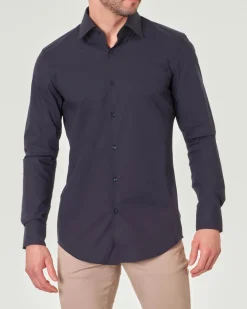 Camicia blu Hank in popeline di cotone stretch con colletto Kent