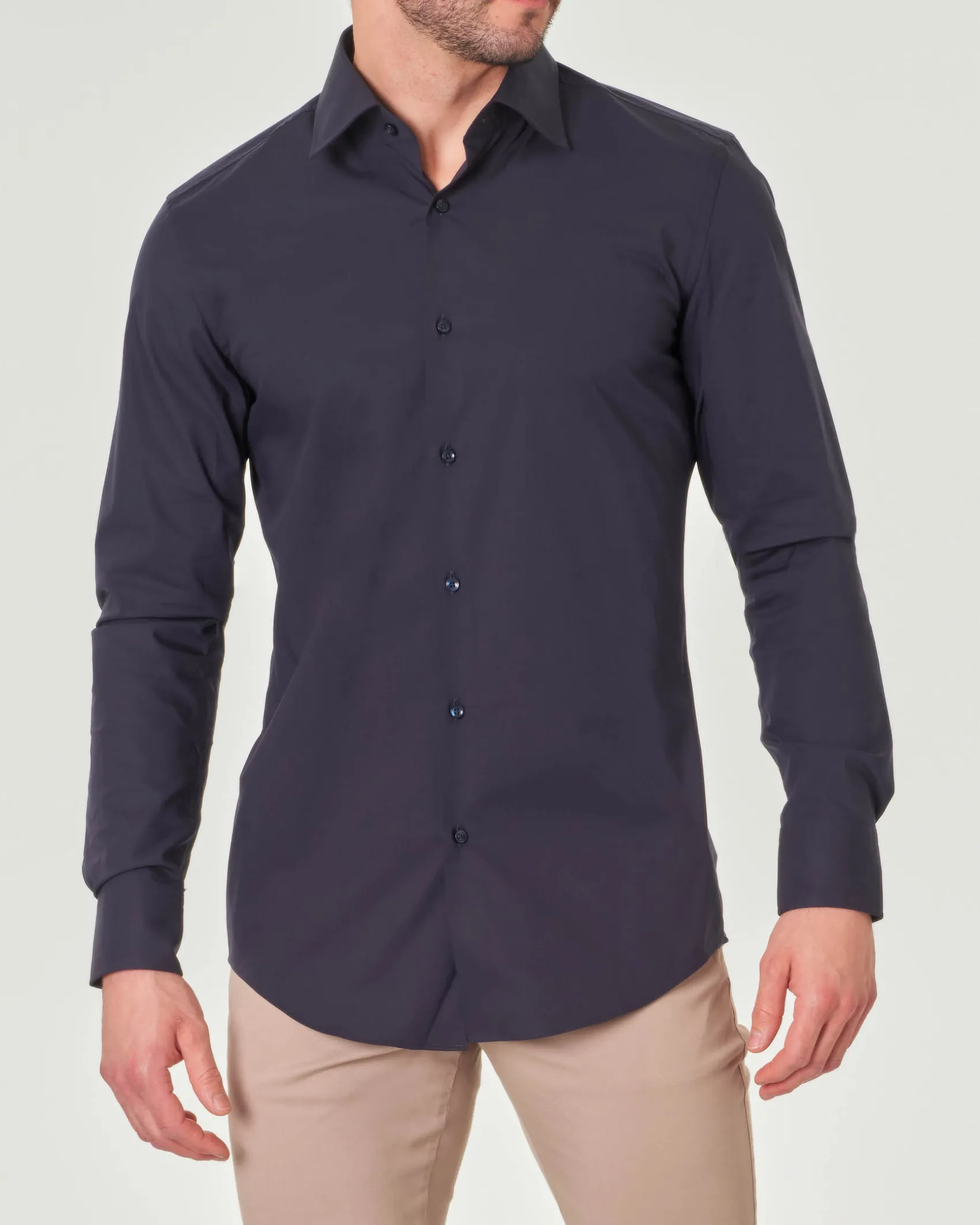 Camicia blu Hank in popeline di cotone stretch con colletto Kent