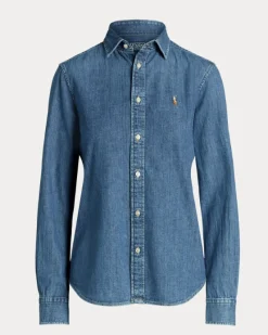 Camicia blu in denim di cotone con logo ricamato a contrasto sul petto