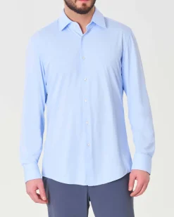 Camicia Boss azzurra Hank slim fit in tessuto tecnico stretch micro armatura con colletto Kent