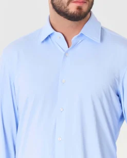 Camicia Boss azzurra Hank slim fit in tessuto tecnico stretch micro armatura con colletto Kent