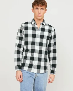 Camicia buffalo check bianca e nera Jack & Jones in flanella di cotone comfort-fit