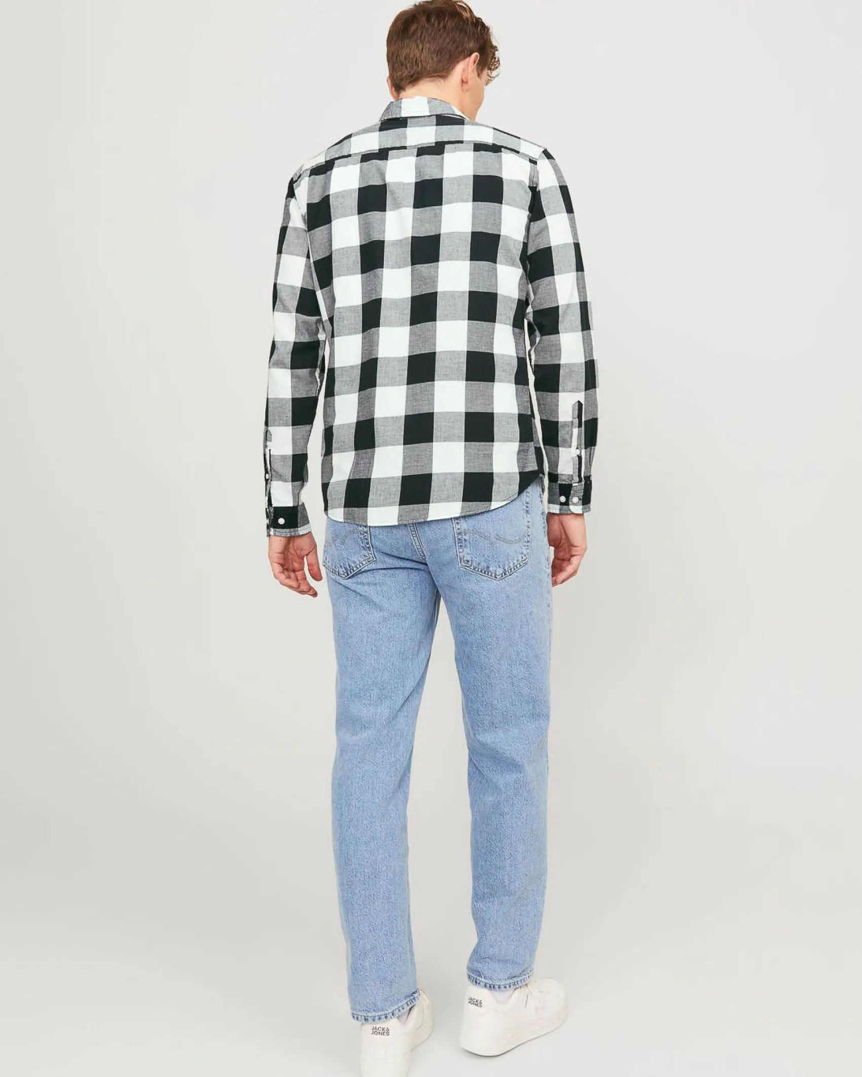 Camicia buffalo check bianca e nera Jack & Jones in flanella di cotone comfort-fit