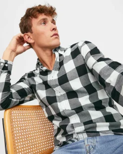 Camicia buffalo check bianca e nera Jack & Jones in flanella di cotone comfort-fit