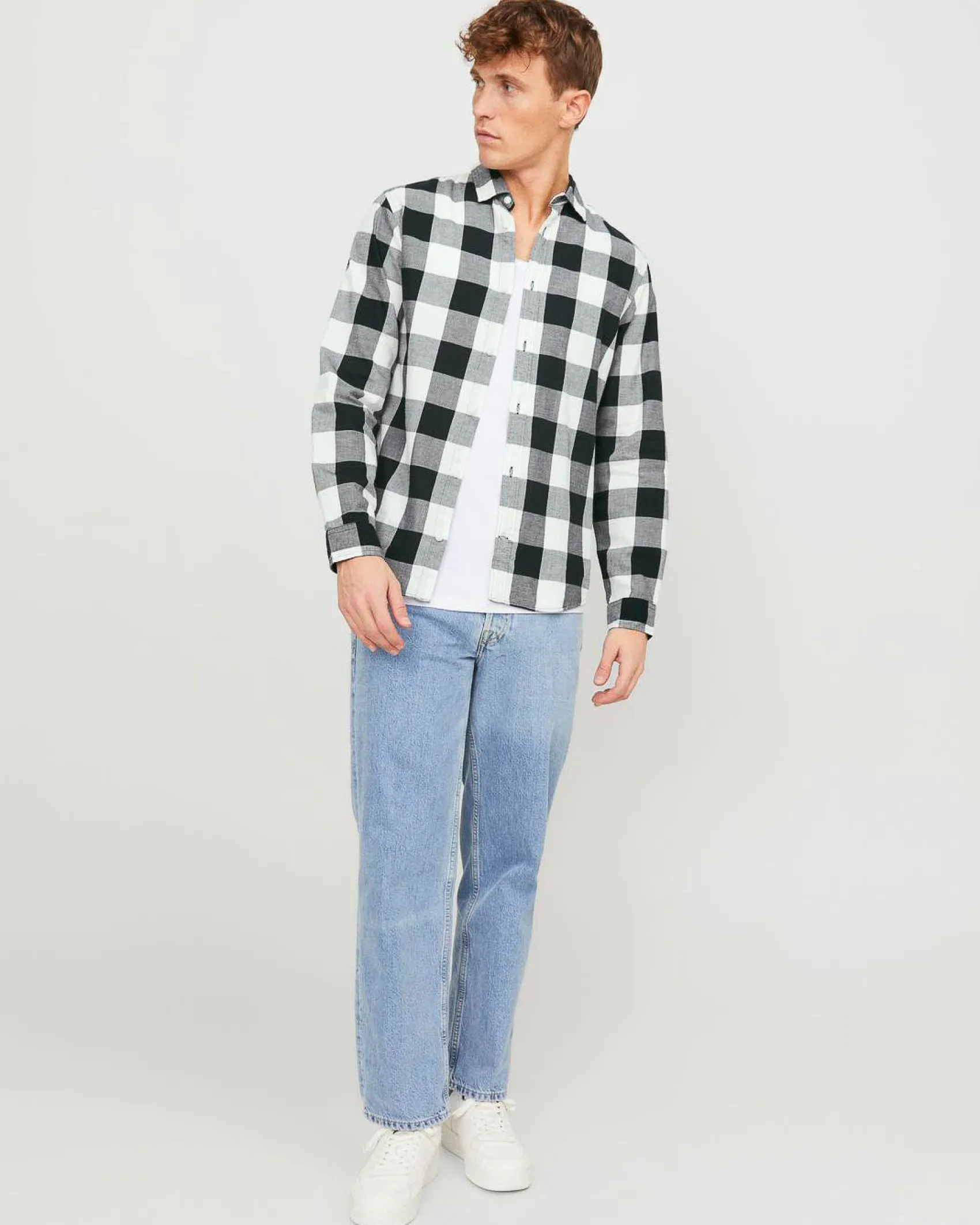 Camicia buffalo check bianca e nera Jack & Jones in flanella di cotone comfort-fit
