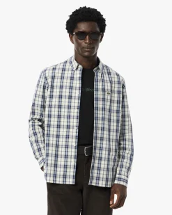 Camicia check bianca blu e noce Lacoste in popeline di cotone con collo button down e taschino