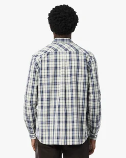 Camicia check bianca blu e noce Lacoste in popeline di cotone con collo button down e taschino