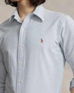 Camicia custom slim Polo Ralph Lauren a righe bianche e azzurre in oxford di cotone con colletto button-down
