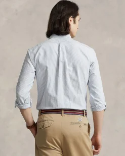 Camicia custom slim Polo Ralph Lauren a righe bianche e azzurre in oxford di cotone con colletto button-down