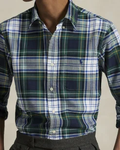Camicia custom-fit Polo Ralph Lauren in Oxford check verde e blu con colletto button-down e taschino