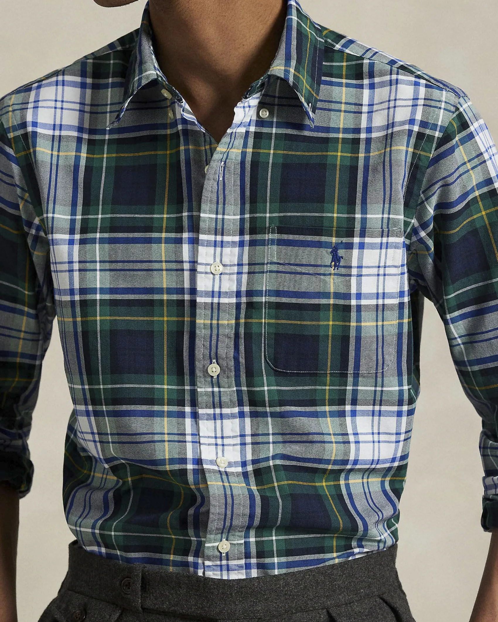 Camicia custom-fit Polo Ralph Lauren in Oxford check verde e blu con colletto button-down e taschino