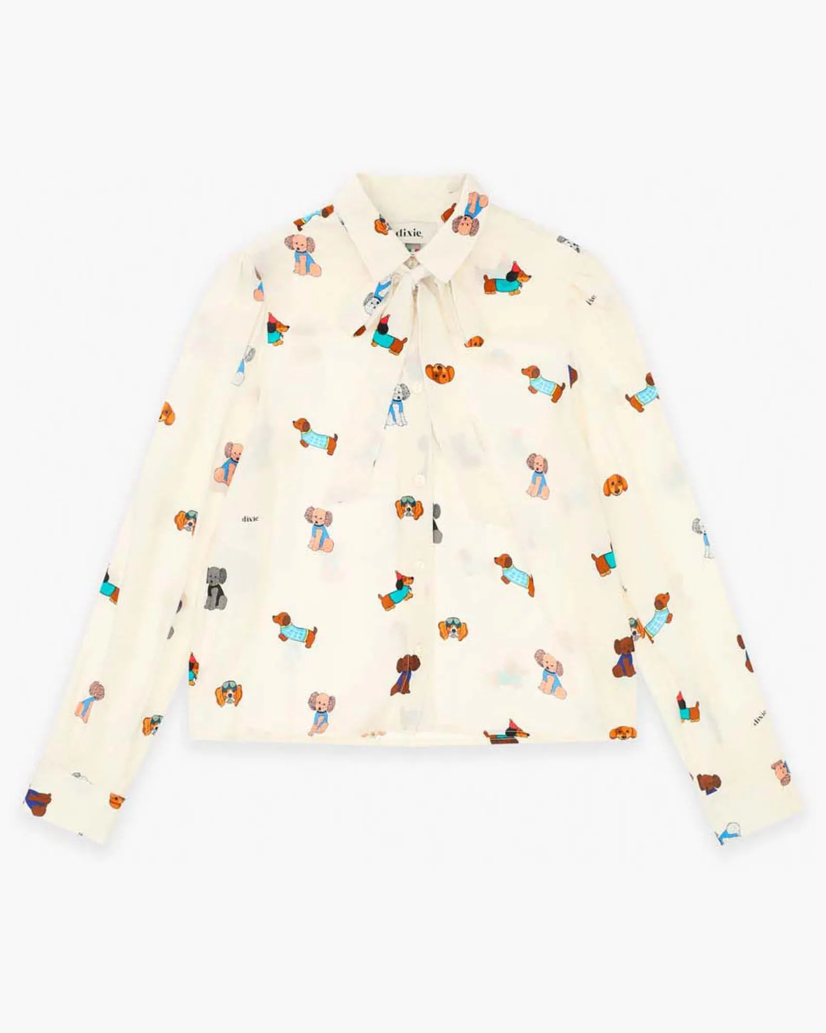 Camicia Dixie color avorio in viscosa con fantasia cagnolini e fiocco