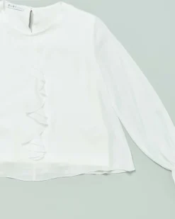 Camicia Elsy bianca in crêpe a maniche lunghe con rouches